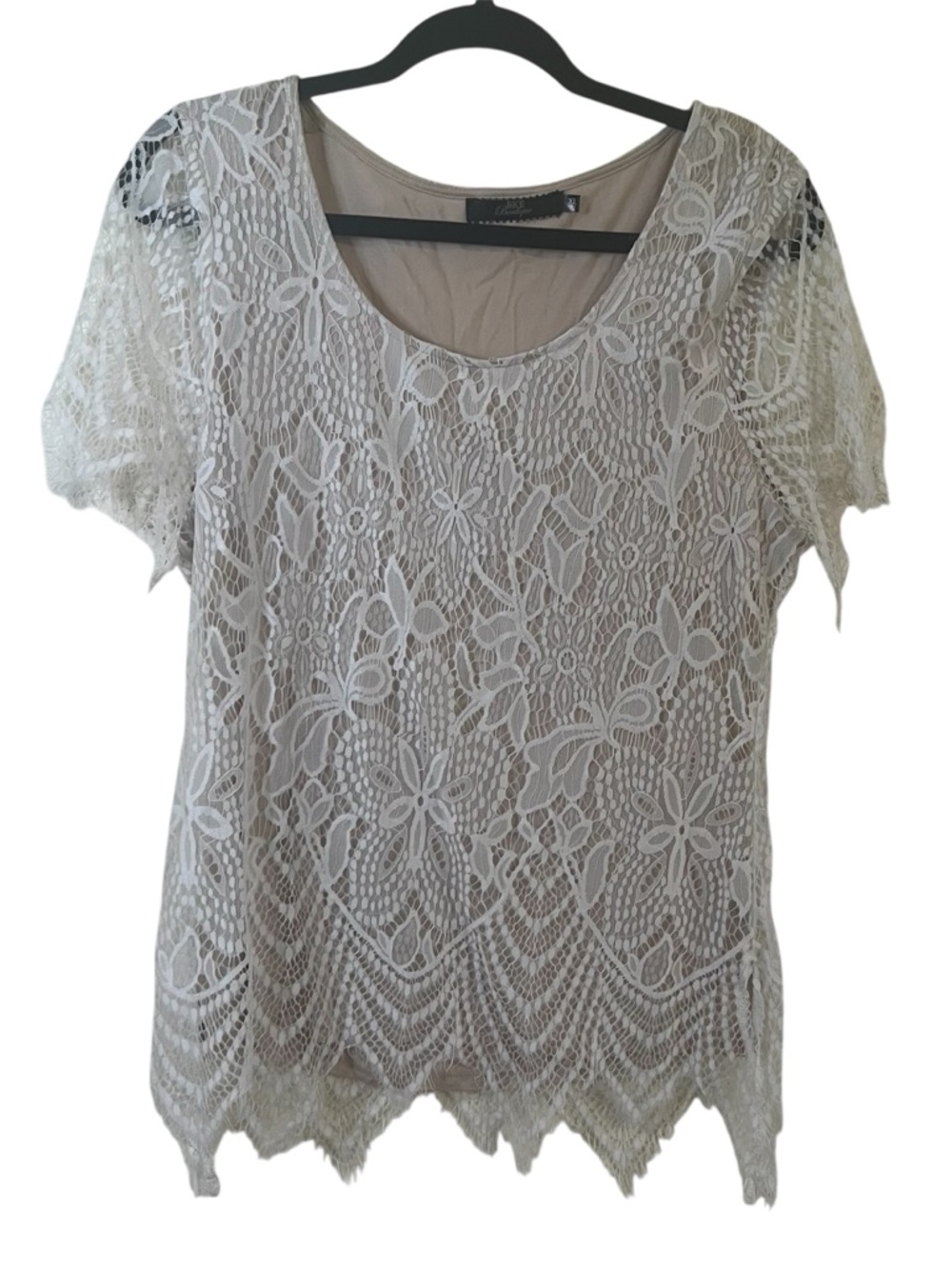 BKE Boutique Womens Boho Lace Short Sleeve Top Sz XL Sheer White Tan Scoop Neck